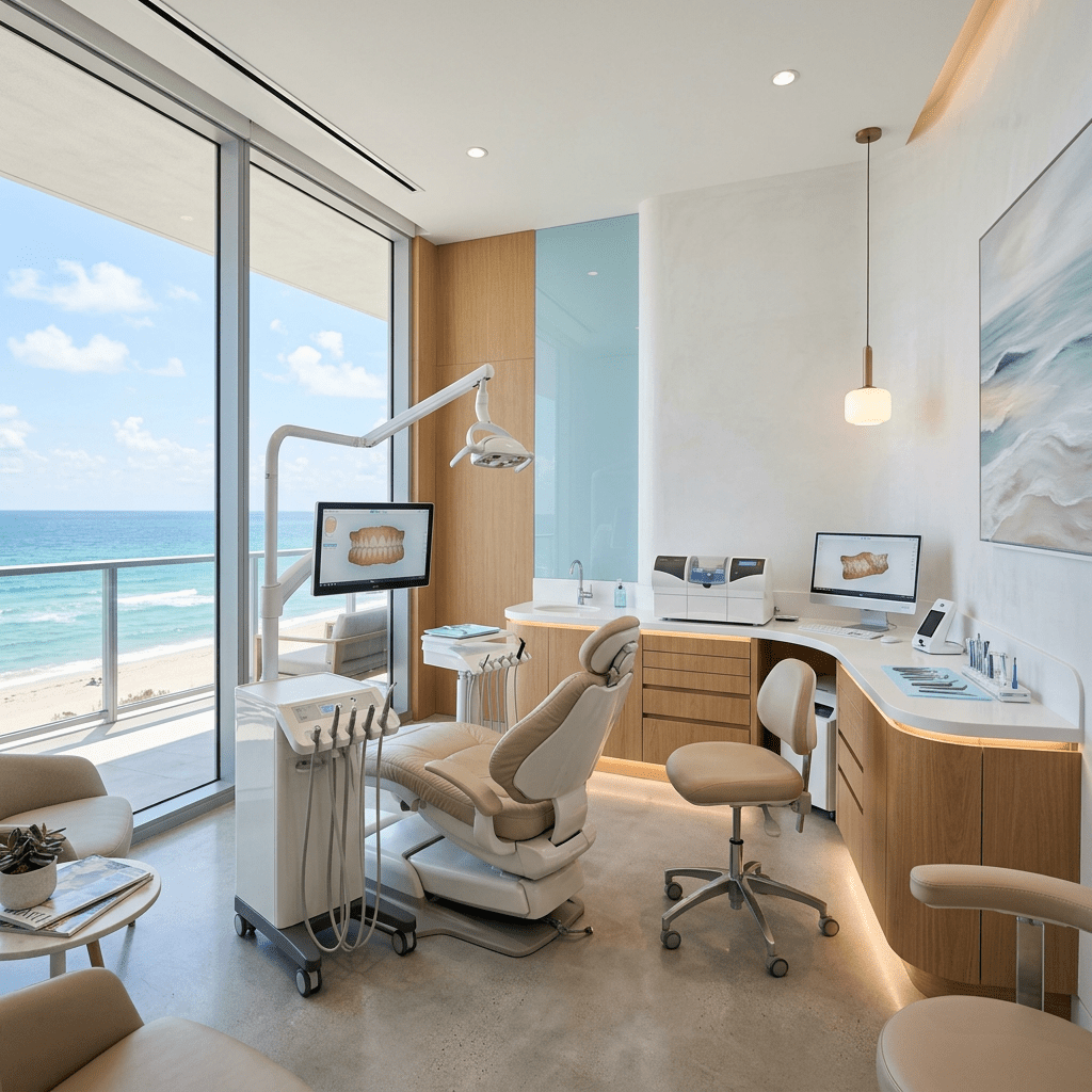Dental clinic room with dental chair, monitors showing dental images, large window overlooking ocean